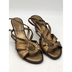 Cole Haan Womens‎ Sandals Casual Shoes Gold Brown Leather Slip On Heel Size 8 B